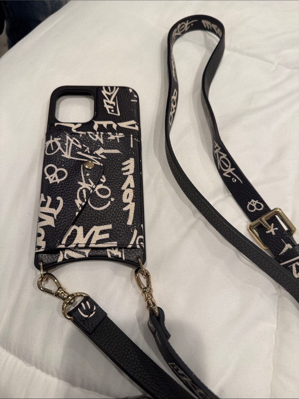 Black Graffiti Print Phone Crossbody Case with Strap